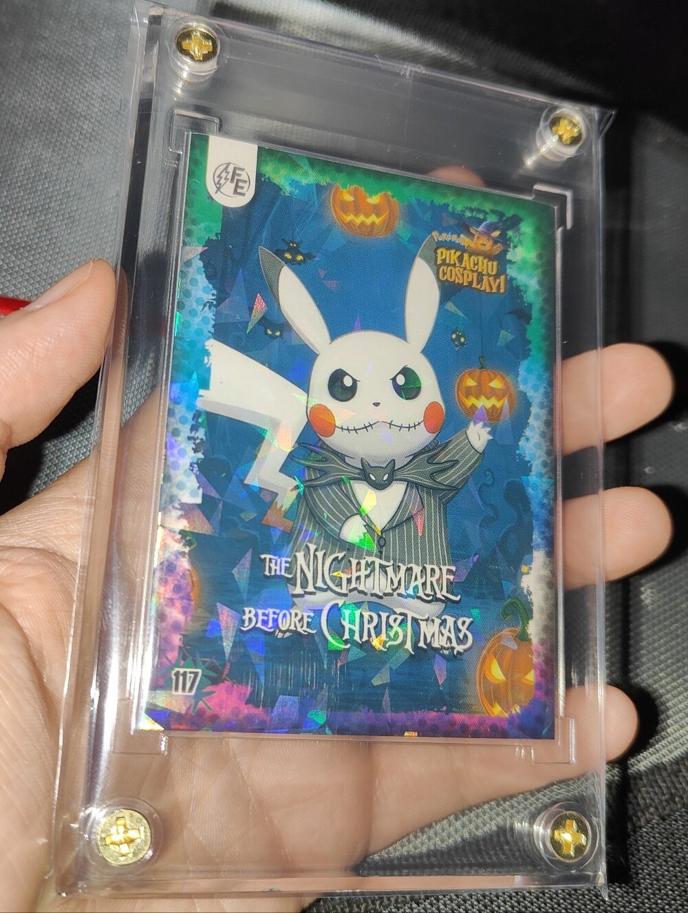 Jack Skellington holo encased Pikachu Cosplay card Unofficial Pokemon Peru